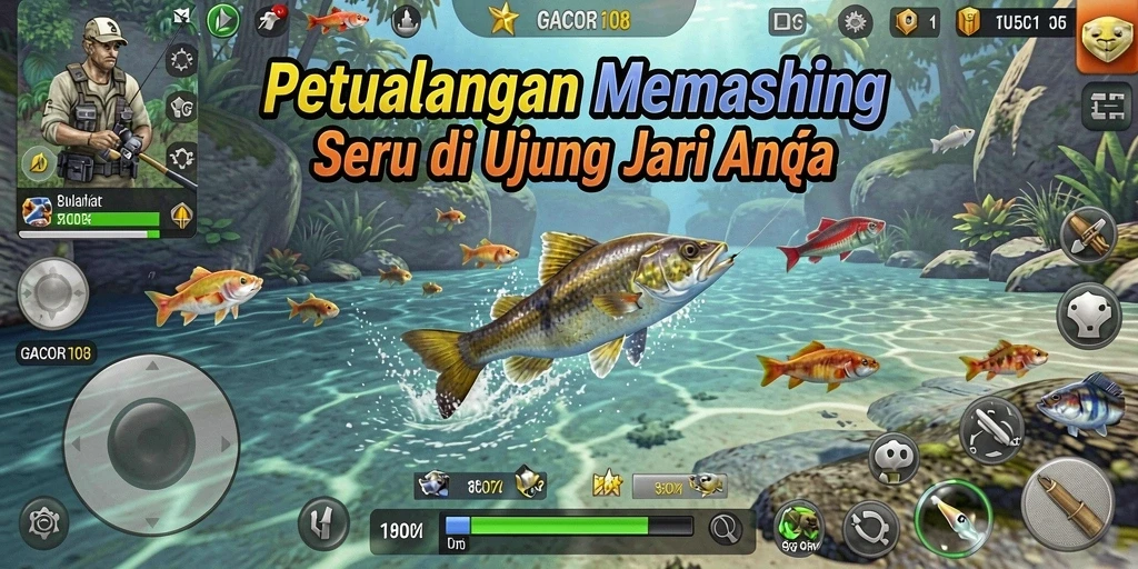 Screenshot GACOR108 menampilkan pemain yang sedang asyik memancing dengan latar laut yang indah.
