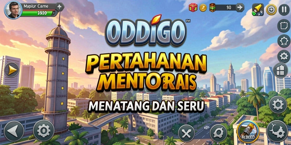 Tampilkan gameplay seru ODDIGO dengan menara dan musuh beragam.