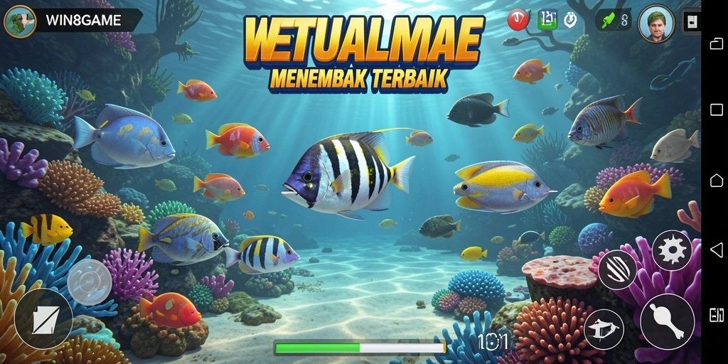 Tangkapan layar gameplay WIN8GAME menunjukkan aksi menembak ikan yang seru.